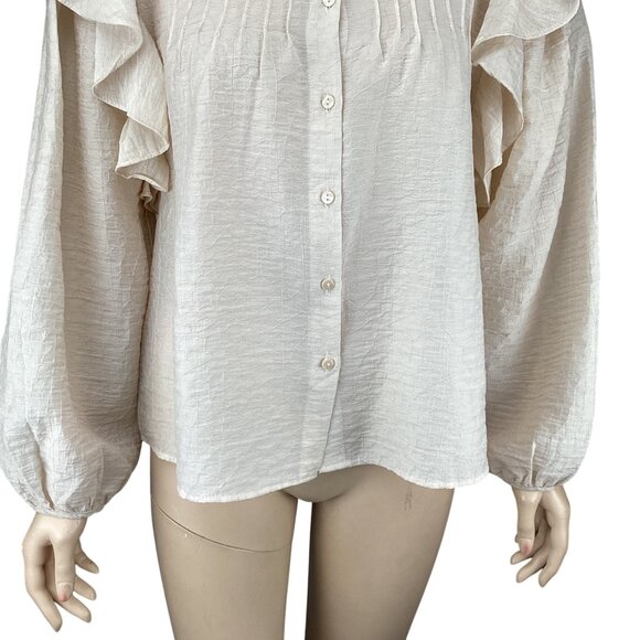 MNG Mango Lyocell Blouse Top Size Small Beige Ruffle Shoulder Long‎ Sleeve - Picture 6 of 10